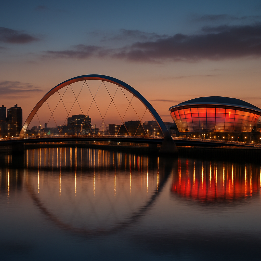 The Glasgow skyline at dusk along the River Clyde